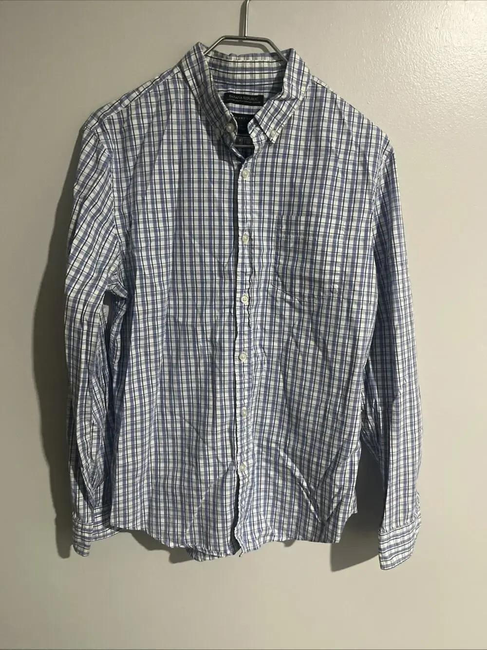 Banana Republic Shirt Mens M Blue Plaid Long Sleeve Grant Fit Button Down Office
